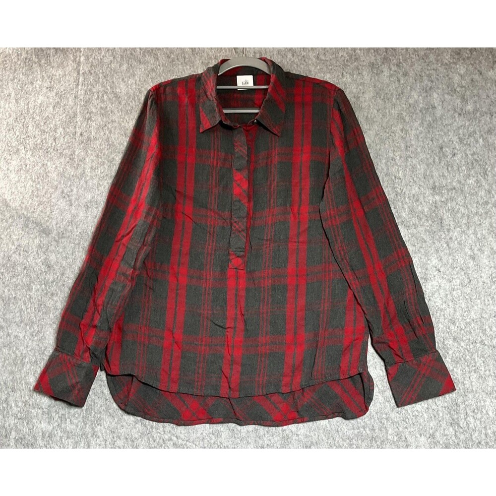 CAbi Top Shirt Womens Medium Red Plaid Rayon Button-Up Lightweight Casual